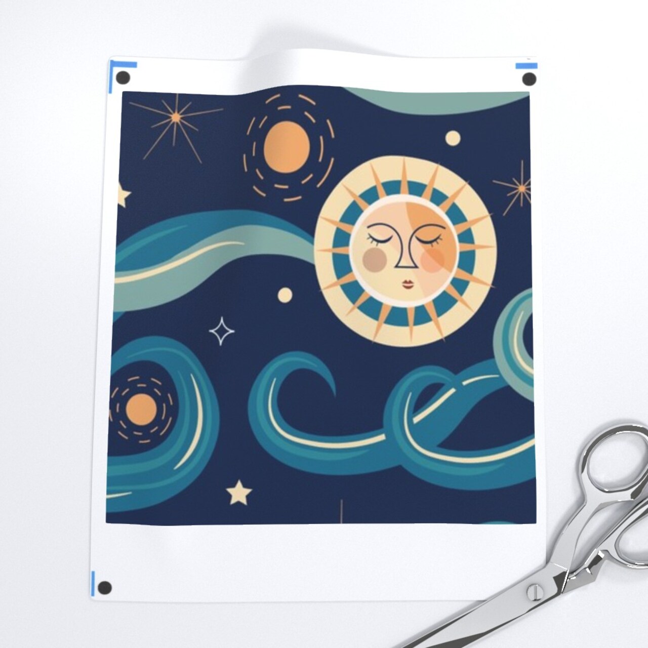 Abstract Whimsical Celestial Sun Moon Mystical Stars Clouds Night Sky Blue Yellow Eclectic 90S Modern Folk Art Novelty Bohemian Custom Printed Fabric by Spoonflower Various Fabrics by the Yard or Fat Quarter